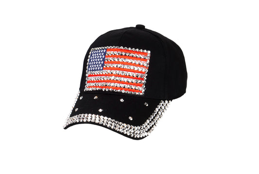 Black Cap Featuring USA Flag with Silver Rhinestone Accents