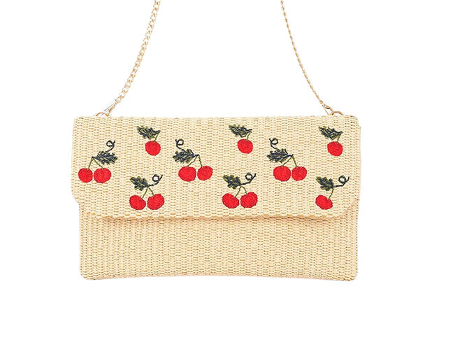 Cherry Embroidery Faux Straw Clutch Bag