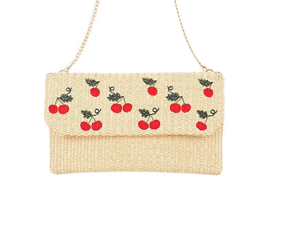 Cherry Embroidery Faux Straw Clutch Bag