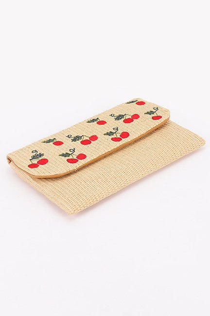 Cherry Embroidery Faux Straw Clutch Bag