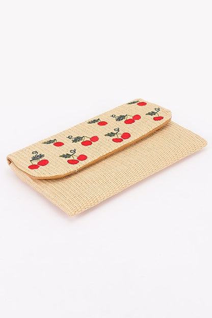 Cherry Embroidery Faux Straw Clutch Bag