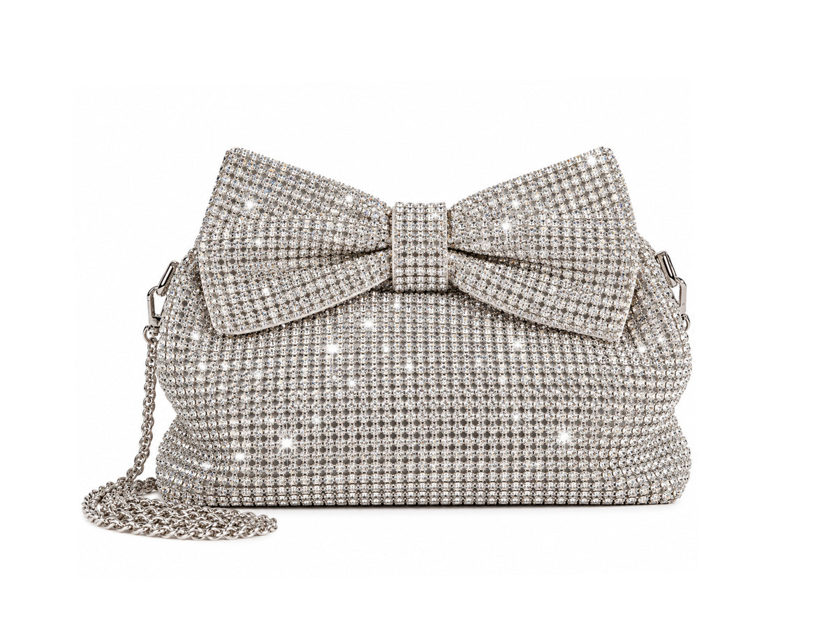 Glitter Bow Royale – Exquisite Silver Rhinestone Handbag