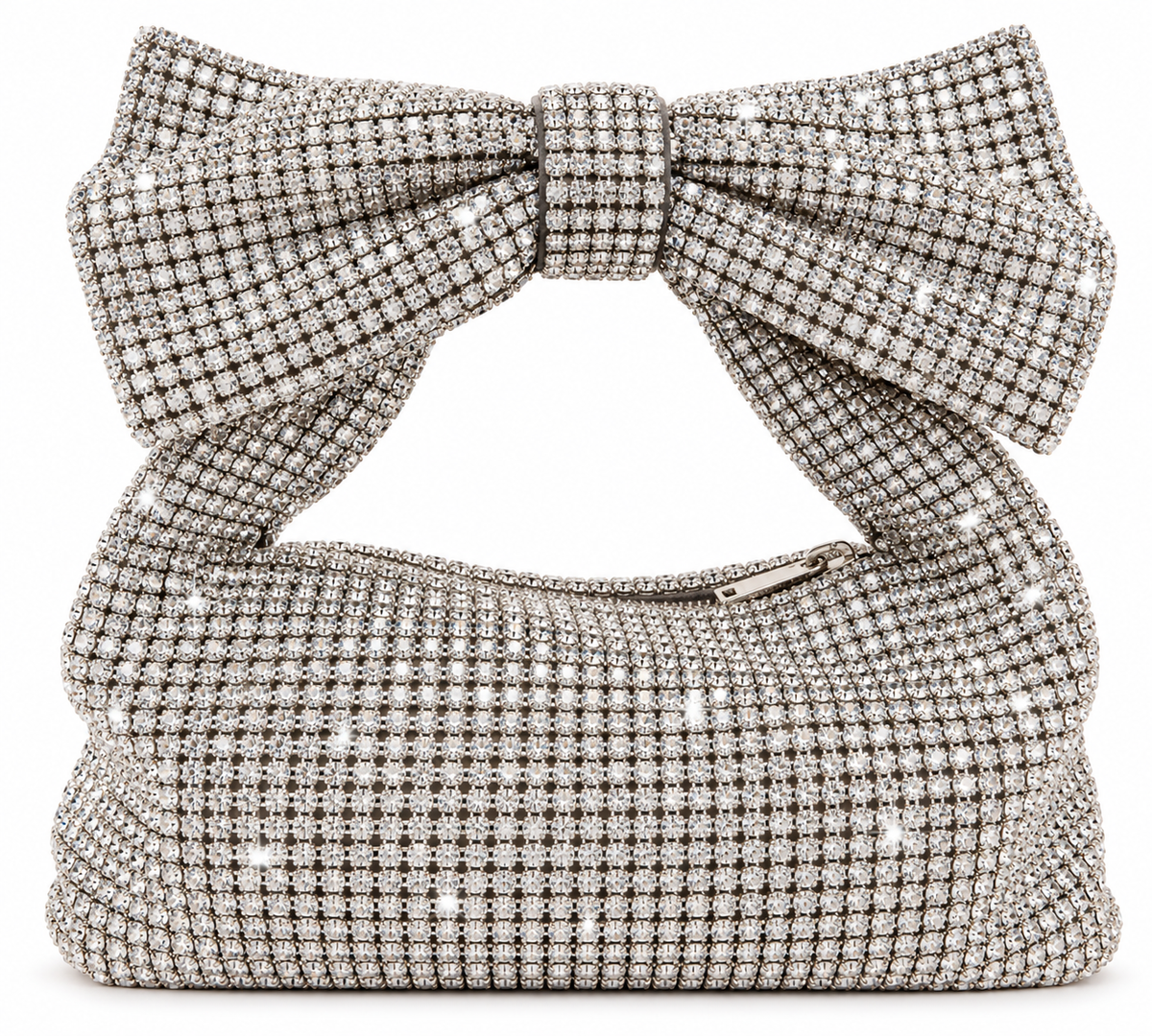 Glitter Bow Royale – Exquisite Silver Rhinestone Handbag