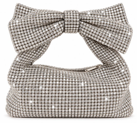 Glitter Bow Royale – Exquisite Silver Rhinestone Handbag