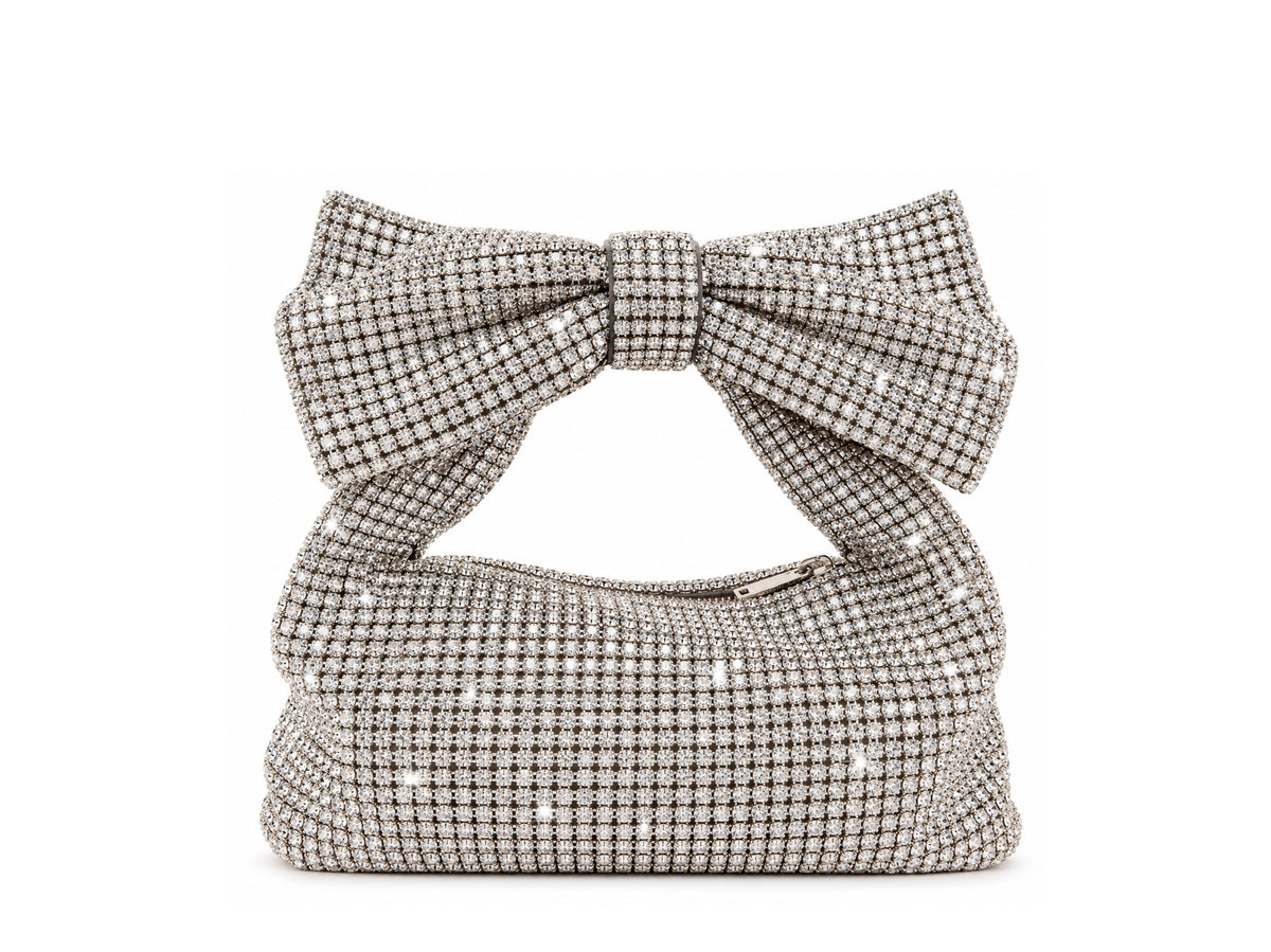 Glitter Bow Royale – Exquisite Silver Rhinestone Handbag