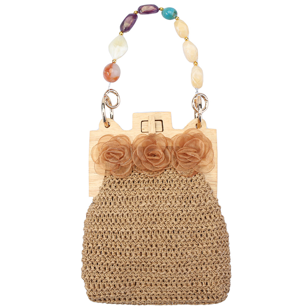 Judith – Khaki Floral Wooden Top Handle Handbag