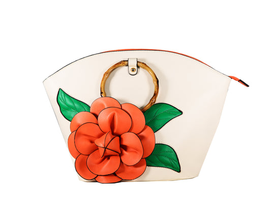 Margarita Vegan Leather Handbag -  3D Orange Flower
