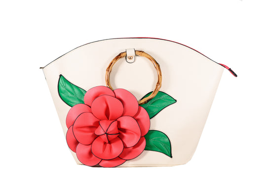 Margarita Vegan Leather Handbag -  3D Red Flower