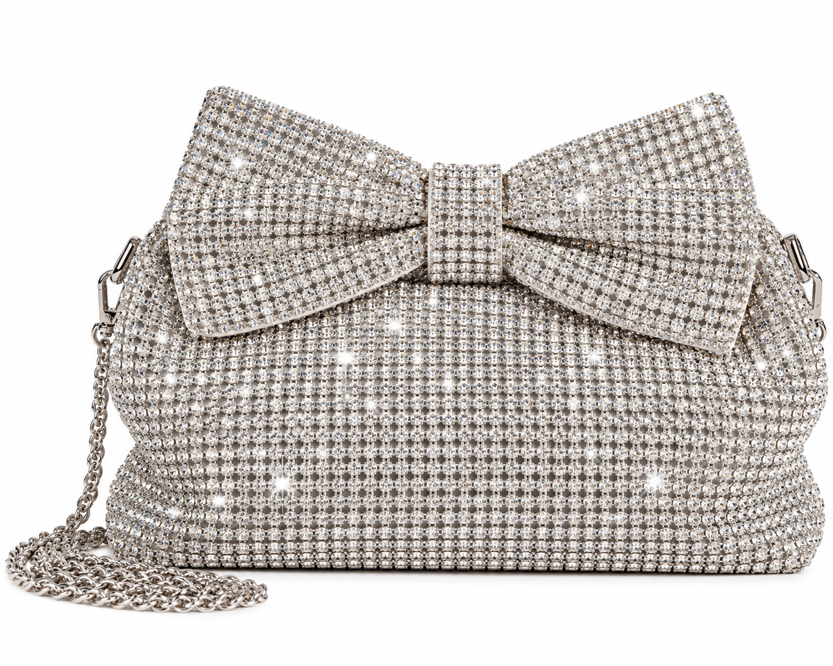 Glitter Bow Royale – Exquisite Silver Rhinestone Handbag