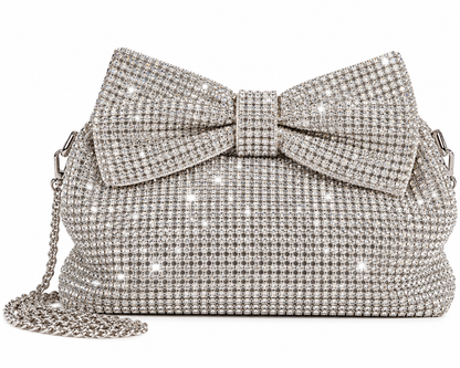 Glitter Bow Royale – Exquisite Silver Rhinestone Handbag